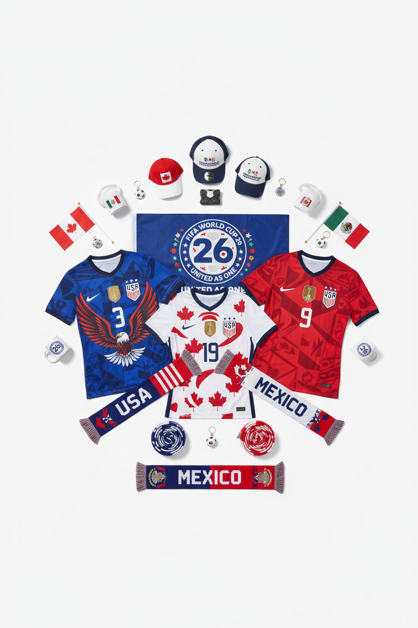 生成适配手机版的图片，2026美加墨世界杯产品周边图